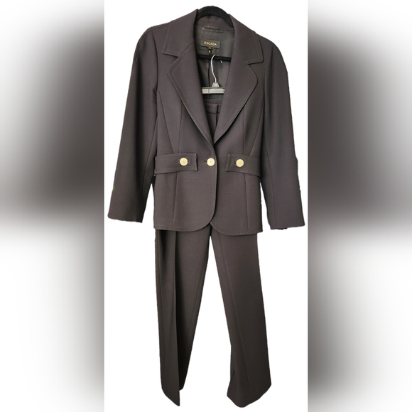 EUC Escada classic black suit, belted blazer with white buttons, skinny leg pant